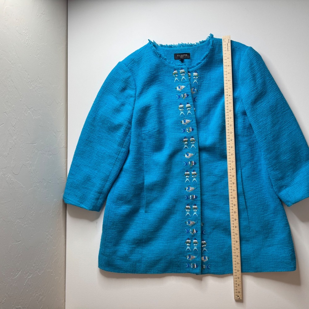 Talbots Fish Beaded Embellished Tweed Jacket Size 18W Blue Open Front Preppy - Picture 8 of 9